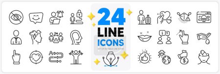 Illustration for Icons set of Lips, Lock and Psychology line icons pack for app with Like hand, Click hand, Journey path thin outline icon. Wash hands, Social distance, Human pictogram. Hold heart. Vector - Royalty Free Image