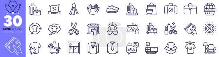 Illustration for Baggage, T-shirt and Baggage belt line icons pack. Window, Cut, Handbag web icon. Best glasses, Discount coupon, Online shopping pictogram. Dry t-shirt, Shirt, Sale bags. Luggage. Vector - Royalty Free Image