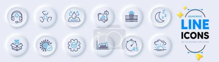 Illustration for Medical support, Chemical hazard and Infographic graph line icons for web app. Pack of Sunset, Hospital building, Waterproof pictogram icons. Coronavirus, Timer, Moon signs. Neumorphic buttons. Vector - Royalty Free Image