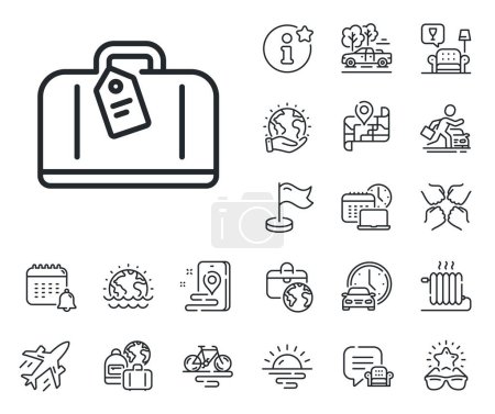 Illustration for Airplane luggage sign. Plane jet, travel map and baggage claim outline icons. Airport hand baggage reclaim line icon. Flight checked bag symbol. Hand baggage line sign. Vector - Royalty Free Image