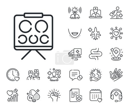 Illustration for Oculist eye clinic sign. Online doctor, patient and medicine outline icons. Vision board line icon. Optometry symbol. Vision board line sign. Veins, nerves and cosmetic procedure icon. Vector - Royalty Free Image