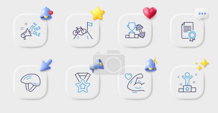 Illustration for Strong arm, Mountain bike and Winner line icons. Buttons with 3d bell, chat speech, cursor. Pack of Certificate, Bicycle helmet, Winner ribbon icon. Dumbbell, Ole chant pictogram. Vector - Royalty Free Image