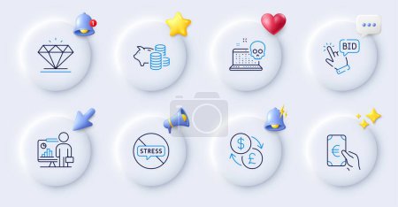 Illustration for Teacher, Finance and Currency exchange line icons. Buttons with 3d bell, chat speech, cursor. Pack of Piggy bank, Diamond, Stop stress icon. Bid offer, Cyber attack pictogram. Vector - Royalty Free Image
