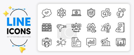 Illustration for Analytical chat, Search employee and Falling star line icons set for app include Card, Storage, Survey results outline thin icon. Online shopping, Social media, Euro rate pictogram icon. Vector - Royalty Free Image