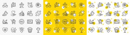 Illustration for Outline Sale, Love him and Puzzle line icons pack for web with Alarm, Sunglasses, Travel delay line icon. Ice cream, Cake, World globe pictogram icon. Hold heart, Popcorn, Photo. Vector - Royalty Free Image