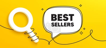 Illustration for Best sellers tag. Continuous line chat banner. Special offer price sign. Advertising discounts symbol. Best sellers speech bubble message. Wrapped 3d search icon. Vector - Royalty Free Image