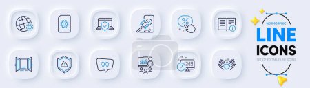 Illustration for Auction, Presentation and Laptop insurance line icons for web app. Pack of Shield, Hold heart, Discount button pictogram icons. File management, Quote bubble, Technical info signs. Vector - Royalty Free Image