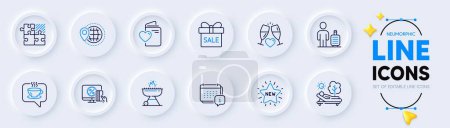 Illustration for Calendar, Online shopping and World travel line icons for web app. Pack of Love document, Grill, Baggage pictogram icons. Coffee, Lounger, Sale offer signs. New star, Wedding glasses. Vector - Royalty Free Image