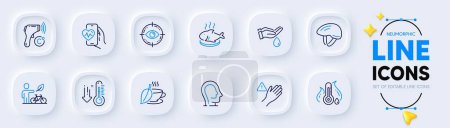 Illustration for Fish dish, Eco bike and Fever temperature line icons for web app. Pack of Wash hands, Bicycle helmet, Psychology pictogram icons. Mint tea, Dont touch, Eye target signs. Cardio training. Vector - Royalty Free Image