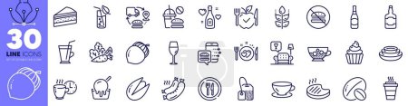 Ilustración de Envase de iconos de la línea Wineglass, Supply chain y Tea bag. Pedido de alimentos, Platos, Icono web de helados. Libre de gluten, nuez de pistacho, pictograma botella de cerveza. Champán de amor, vaso de agua, sin hamburguesa. Vector - Imagen libre de derechos