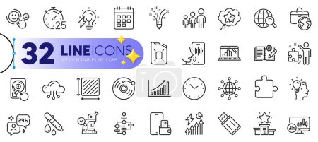 Illustration for Outline set of Inspiration, Recovery hdd and Vinyl record line icons for web with Graph chart, Candlestick chart, Winner podium thin icon. Electricity bulb, Global business. Vector - Royalty Free Image