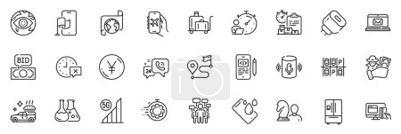 Illustration for Icons pack as Seo timer, Voice assistant and Fraud line icons for app include Charging adapter, Online payment, Location app outline thin icon web set. Chess, Delivery report. Vector - Royalty Free Image