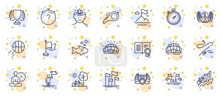 Illustration for Outline set of Sports stadium, Ole chant and Timer line icons for web app. Include Yoga mind, Leadership, Basketball pictogram icons. Winner, Bicycle, Fishing rod signs. Arena stadium. Vector - Royalty Free Image