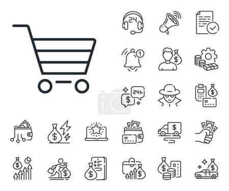 Illustration for Online buying sign. Cash money, loan and mortgage outline icons. Shopping cart line icon. Supermarket basket symbol. Market sale line sign. Credit card, crypto wallet icon. Vector - Royalty Free Image