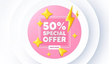 Illustration for 50 percent discount offer tag. Neumorphic promotion banner. Sale price promo sign. Special offer symbol. Discount message. 3d stars with energy thunderbolt. Vector - Royalty Free Image