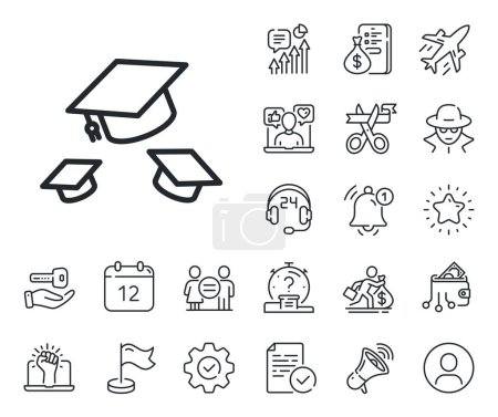 Illustration for Education sign. Salaryman, gender equality and alert bell outline icons. Graduation caps line icon. Student hat symbol. Throw hats line sign. Spy or profile placeholder icon. Vector - Royalty Free Image