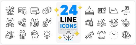 Illustration for Icons set of Charging parking, Coronavirus vaccine and Dice line icons pack for app with Survey, Anti-dandruff flakes, Weariness thin outline icon. Gears, Waterproof, Stress grows pictogram. Vector - Royalty Free Image
