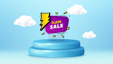 Illustration for Flash sale banner. Winner podium 3d base. Product offer pedestal. Discount sticker shape. Coupon bubble icon. Flash sale promotion message. Background with 3d clouds. Vector - Royalty Free Image