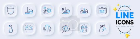 Illustration for Cleaning service, Sponge and Washing cleanser line icons for web app. Pack of Wash hand, Toilet paper, Spray pictogram icons. Hold t-shirt, Bucket with mop, T-shirt signs. Glass. Vector - Royalty Free Image