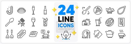 Illustration for Icons set of Lounge, Calories and Prohibit food line icons pack for app with Candy, Pumpkin seed, Wine glass thin outline icon. Food delivery, Dishes, Pecan nut pictogram. Doppio. Vector - Royalty Free Image