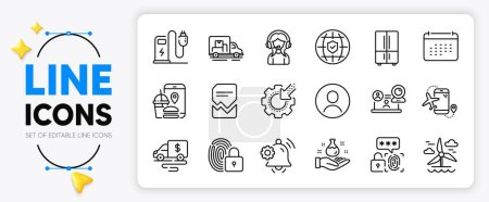 Illustration for Truck transport, Windmill and Refrigerator line icons set for app include Biometric security, Food app, Global insurance outline thin icon. Seo gear, Corrupted file. Vector - Royalty Free Image