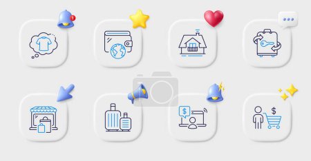Illustration for Wallet, Buyer and T-shirt line icons. Buttons with 3d bell, chat speech, cursor. Pack of Market, Online shopping, Baggage icon. Balcony, Luggage pictogram. For web app, printing. Vector - Royalty Free Image