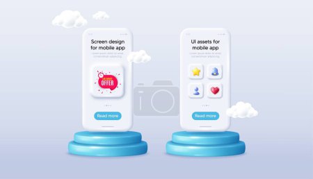 Illustration for Last minute sticker. Phone mockup on podium. Product offer 3d pedestal. Hot offer chat bubble icon. Special deal label. Background with 3d clouds. Last minute promotion message. Vector - Royalty Free Image