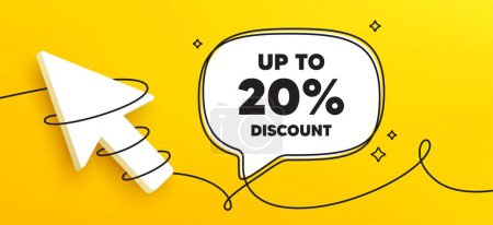 Illustration for Up to 20 percent discount. Continuous line chat banner. Sale offer price sign. Special offer symbol. Save 20 percentages. Discount tag speech bubble message. Wrapped 3d cursor icon. Vector - Royalty Free Image