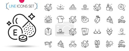 Illustration for Pack of Collagen skin, Shirt and Bra line icons. Include Moisturizing cream, Wash hands, Lingerie pictogram icons. Bathrobe, T-shirt, Skin care signs. Iron, No sun, Sunscreen. Vector - Royalty Free Image