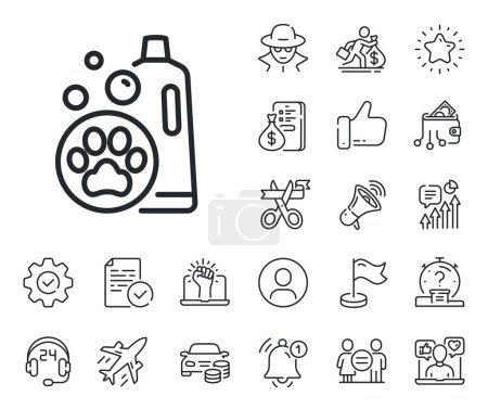 Illustration for Pets care sign. Salaryman, gender equality and alert bell outline icons. Pet shampoo line icon. Dog cleaning symbol. Pet shampoo line sign. Spy or profile placeholder icon. Vector - Royalty Free Image