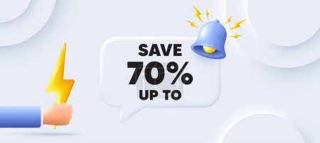 Illustration for Save up to 70 percent tag. Neumorphic background with chat speech bubble. Discount Sale offer price sign. Special offer symbol. Discount speech message. Banner with energy. Vector - Royalty Free Image