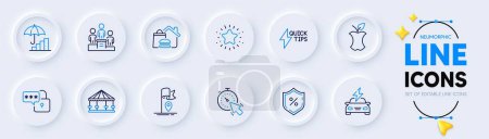Illustration for Twinkle star, Car charging and Lock line icons for web app. Pack of Inflation, Quickstart guide, Timer pictogram icons. Carousels, Food delivery, Business podium signs. Organic waste. Vector - Royalty Free Image