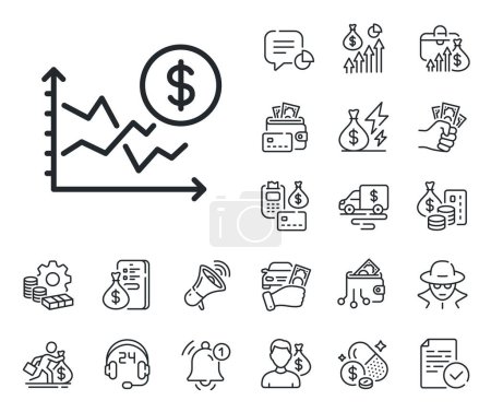 Illustration for Currency exchange sign. Cash money, loan and mortgage outline icons. Dollar rates line icon. Money trade symbol. Dollar rate line sign. Credit card, crypto wallet icon. Inflation, job salary. Vector - Royalty Free Image