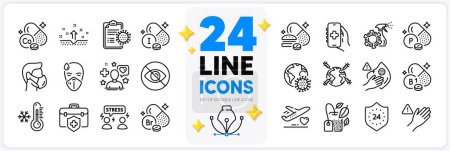 Illustration for Icons set of Difficult stress, Dirty mask and Clean skin line icons pack for app with Medical flight, Low thermometer, World vaccination thin outline icon. Health app, Not looking. Vector - Royalty Free Image