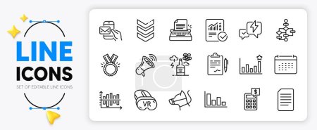 Illustration for Document, Honor and Clipboard line icons set for app include Dog leash, Efficacy, Messenger mail outline thin icon. Vr, Calendar, Lightning bolt pictogram icon. Diagram chart. Vector - Royalty Free Image