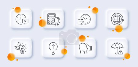 Illustration for Swipe up, Globe and Face id line icons pack. 3d glass buttons with blurred circles. Eco energy, Calculator alarm, Risk management web icon. Delivery time, Time pictogram. For web app, printing. Vector - Royalty Free Image