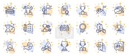 Illustration for Outline set of Bike app, Yoga and Success line icons for web app. Include Fish, Diet menu, Bike attention pictogram icons. Laureate, Vegetables, Winner podium signs. Yoga music. Vector - Royalty Free Image