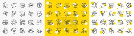 Illustration for Outline Electric bike, Calendar and Bus travel line icons pack for web with Sleep, Elephant on ball, Fireworks rocket line icon. Air balloon, New star, Ferris wheel pictogram icon. Vector - Royalty Free Image