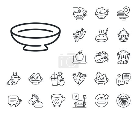 Illustration for Tableware plate sign. Crepe, sweet popcorn and salad outline icons. Dish line icon. Food kitchenware bowl symbol. Dish line sign. Pasta spaghetti, fresh juice icon. Supply chain. Vector - Royalty Free Image