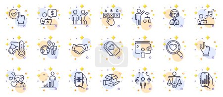 Illustration for Outline set of Touchscreen gesture, Hold box and Outsource work line icons for web app. Include Love ticket, Business way, Air conditioning pictogram icons. Music, Shipping support. Vector - Royalty Free Image