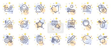Illustration for Outline set of Co2 gas, Clipboard and Dirty water line icons for web app. Include Safe time, Search, Decreasing graph pictogram icons. Sick man, Time change, Event click signs. Vector - Royalty Free Image