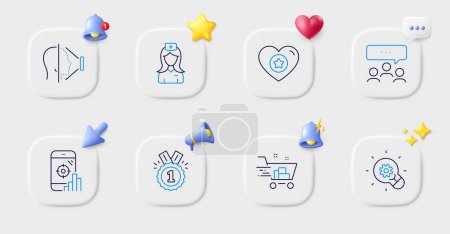 Illustration for Meeting, Heart and Approved line icons. Buttons with 3d bell, chat speech, cursor. Pack of Seo phone, Innovation, Hospital nurse icon. Shopping cart, Face id pictogram. For web app, printing. Vector - Royalty Free Image