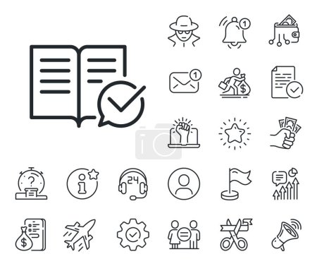 Illustration for Accepted or confirmed sign. Salaryman, gender equality and alert bell outline icons. Approved documentation line icon. Instruction book. Approved documentation line sign. Vector - Royalty Free Image