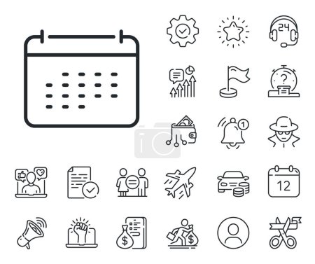 Illustration for Annual planner sign. Salaryman, gender equality and alert bell outline icons. Calendar line icon. Event schedule symbol. Calendar line sign. Spy or profile placeholder icon. Vector - Royalty Free Image