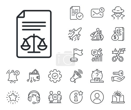 Illustration for Justice scales sign. Salaryman, gender equality and alert bell outline icons. Legal documents line icon. Judgement doc symbol. Legal documents line sign. Spy or profile placeholder icon. Vector - Royalty Free Image