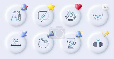 Illustration for Fruits, Uv protection and Vaccine message line icons. Buttons with 3d bell, chat speech, cursor. Pack of Chin, Salad, Chemistry lab icon. Mint leaves, Dumbbell pictogram. For web app, printing. Vector - Royalty Free Image