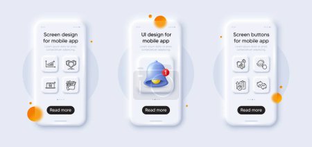 Illustration for Smile, Timer and 5g notebook line icons pack. 3d phone mockups with bell alert. Glass smartphone screen. Chart, Shields, Statistics timer web icon. Refresh, Buying house pictogram. Vector - Royalty Free Image