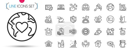 Illustration for Pack of Vip chip, Rating stars and Love mail line icons. Include Tea, Donation, Hold heart pictogram icons. Development plan, Work home, Inspect signs. Fisherman, Hold box, Like. Vector - Royalty Free Image