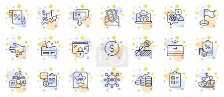 Illustration for Outline set of Inspect, Dao and Tax document line icons for web app. Include Loyalty card, Checklist, Sale pictogram icons. Milestone, Growth chart, Vip ticket signs. Budget accounting. Vector - Royalty Free Image