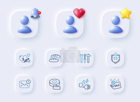 Illustration for Social care, Electricity plug and Adhesive tape line icons. Placeholder with 3d bell, star, heart. Pack of New message, Bread, Sale icon. Ph neutral, Spanner tool pictogram. Vector - Royalty Free Image